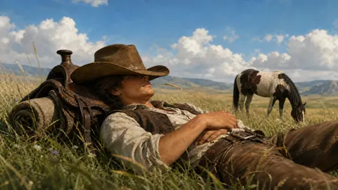 Cowboy Resting by Piebald Horse