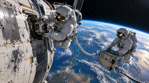 Astronauts Repairing Spacecraft Above Earth