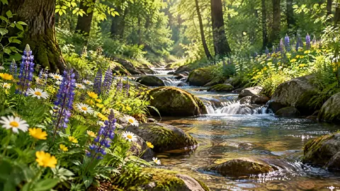 Forest Creek With Wildflowers