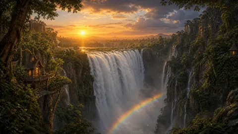 Elven Cliff Houses Waterfall