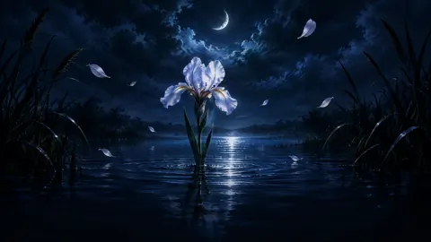 Pale Iris Under Crescent Moon