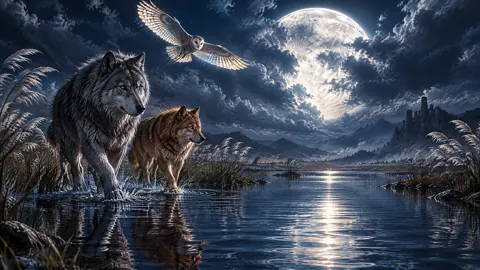 Wolves Beneath Moonlit Owl