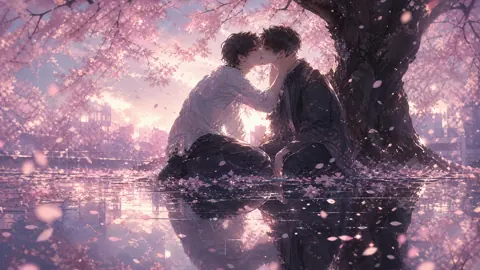Men Kissing Under Cherry Blossoms