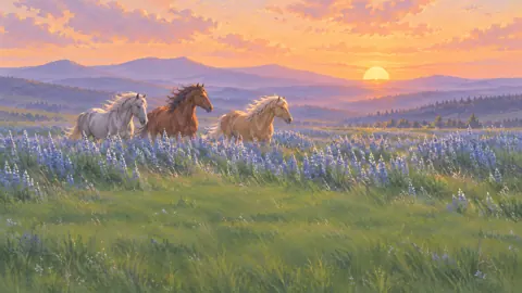Wild Horses in Lupine Field