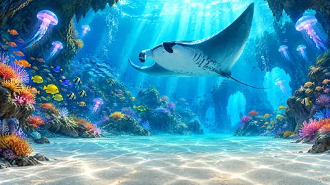 Manta Ray in Coral Cavern