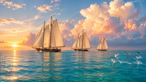 Three Schooners at Sunrise