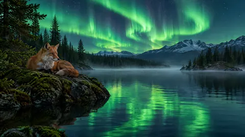 Red Fox Under Aurora