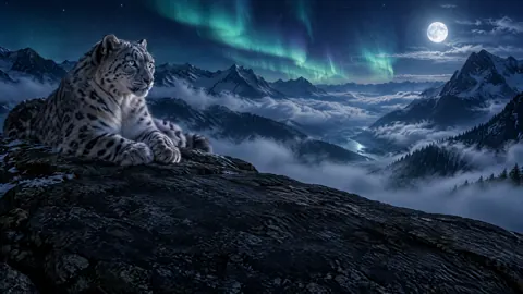 Snow Leopard Under Aurora