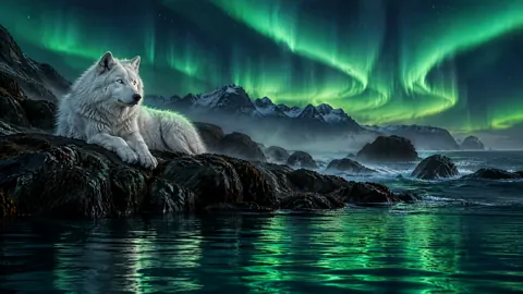 Arctic Wolf Under Aurora