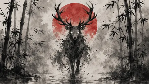 Horned Stag in Bamboo Mist