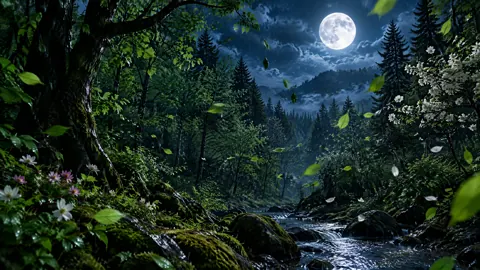Moonlit Blossom Forest Stream
