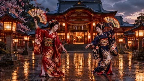 Geisha With Fans at Shrine
