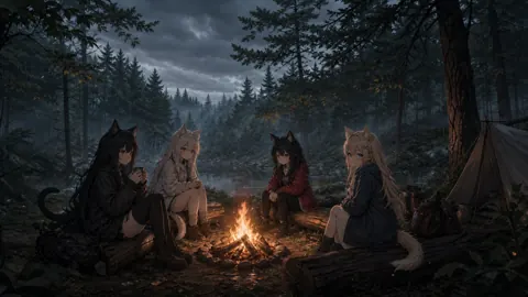 Four Catgirls by Campfire