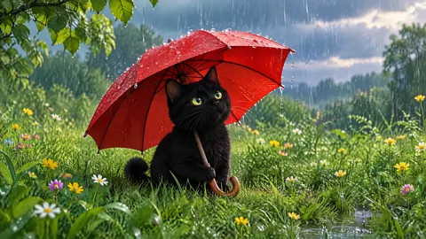 Black Cat With Red Umbrella