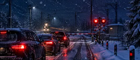 Snowy Railway Crossing at Night