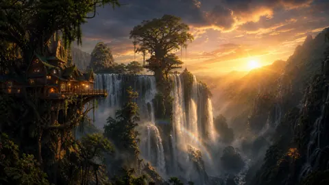 Tropical Elf Waterfalls at Sunset