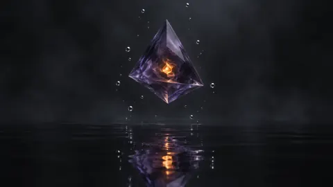 Glowing Tetrahedron Over Black Pool