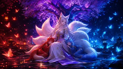 Nine-Tailed Kitsune Under Sakura