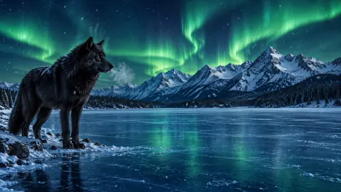 Black Wolf Under Aurora
