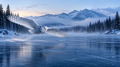 Snowy Owl Over Frozen River