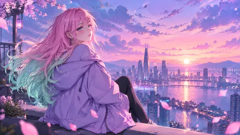 Pink-Haired Girl on Rooftop
