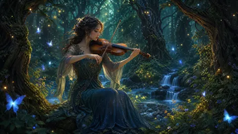 Violinist by Enchanted Waterfalls