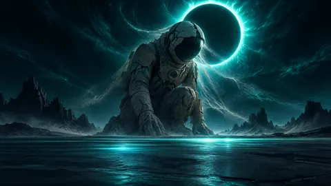 Kneeling Astronaut Under Turquoise Eclipse