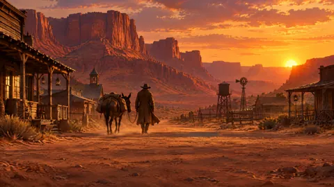 Cowboy Leading Mule at Sunset