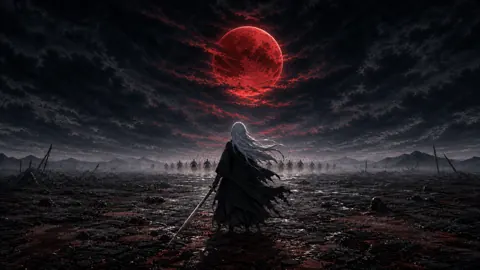 White-Haired Swordswoman Under Blood Moon