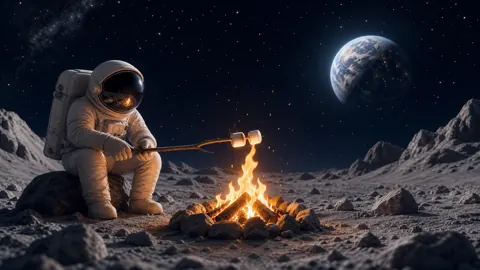 Astronaut Roasting Marshmallows on Moon