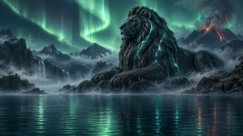 Black Lion Under Green Aurora