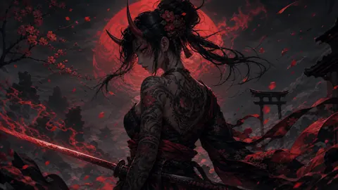 Horned Samurai Before Red Moon
