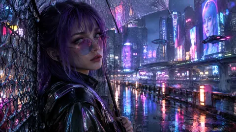 Purple-Haired Woman in Neon Rain