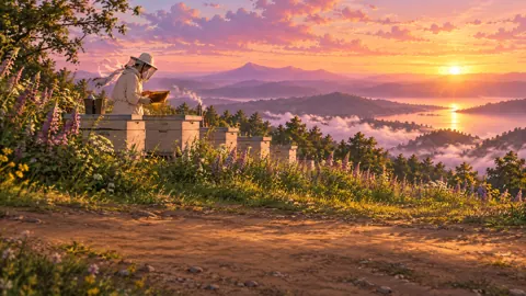 Beekeeper Among Hillside Hives