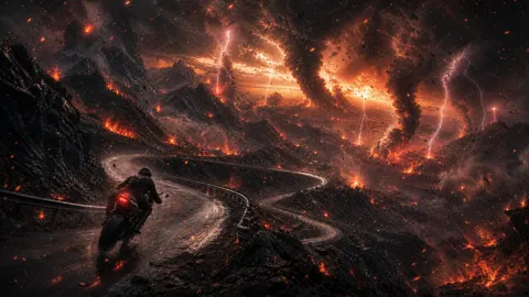 Motorcyclist Through Volcanic Storm
