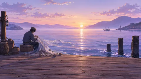 Sailor Mending Nets at Dawn