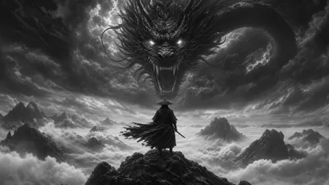 Samurai Facing Dragon Above Mountains