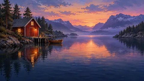 Red Boathouse on Fjord
