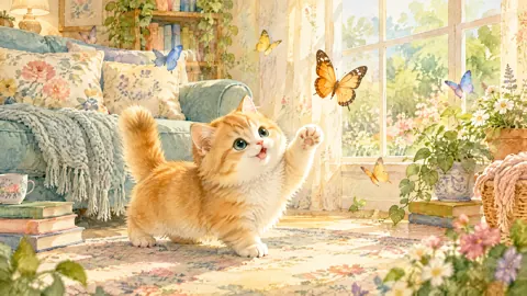 Kitten Chasing Butterflies Indoors