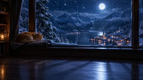 Ginger Cat by Moonlit Window