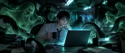 Office Worker With Green Ghosts