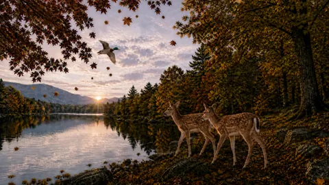 Deer Fawns by Autumn Lake