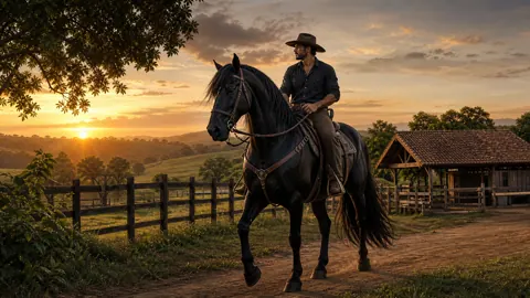 Cowboy Riding Black Horse at Sunset