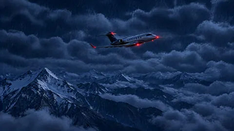 Private Jet Over Stormy Mountains