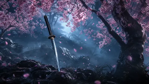 Katana Beneath Cherry Blossoms
