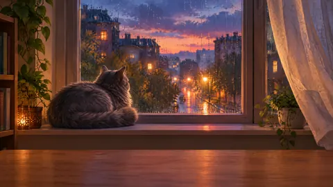Gray Cat Watching Rainy City