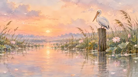 White Pelican in Lotus Marsh