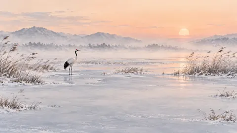 Red-Crowned Crane in Frosty Marsh