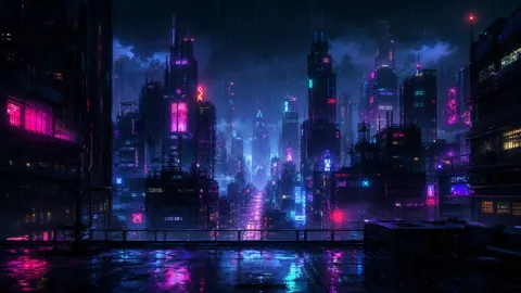 Cyberpunk Skyline from Rainy Rooftop