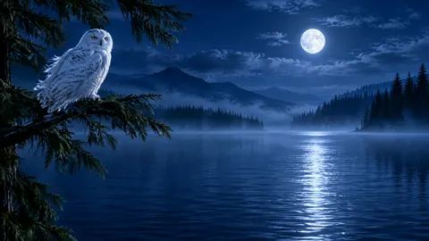 White Owl Over Moonlit Lake